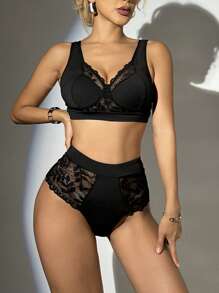 蕾絲拼接內衣套裝 - 黑色 - 查看 4