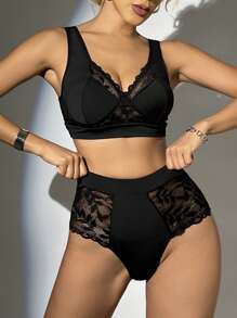 蕾絲拼接內衣套裝 - 黑色 - 查看 5