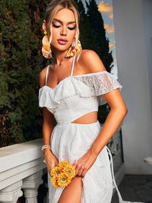 Glamaker 挖肩多層高衩蕾絲連衣裙 - 白色 - 查看 6