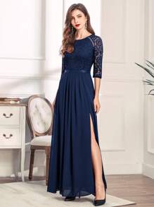 MIUSOL 後拉鏈蕾絲上身開衩下擺舞會連衣裙 - 藏蓝色 - 查看 2