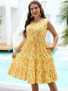 Plus Ditsy Floral Print Ruffle Hem Dress Sundress - Yellow - View 6