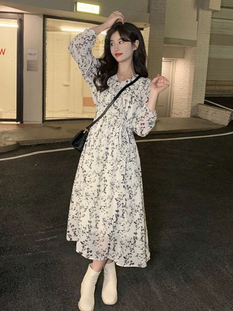 Vestido floral ribete con fruncido - Blanco - Ver 1