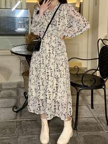 Vestido floral ribete con fruncido - Blanco - Ver 4