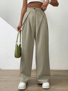 SHEIN EZwear 高腰拼接細節闊腿褲 - 杏色 - 查看 3