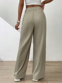 SHEIN EZwear 高腰拼接細節闊腿褲 - 杏色 - 查看 2