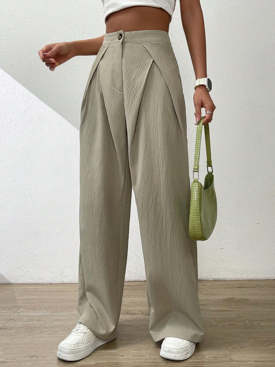 SHEIN EZwear 高腰拼接細節闊腿褲 - 杏色 - 查看 1