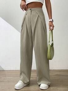 SHEIN EZwear 高腰拼接細節闊腿褲 - 杏色 - 查看 4