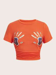 SHEIN EZwear Hand Print Crop Tee - Orange - View 1