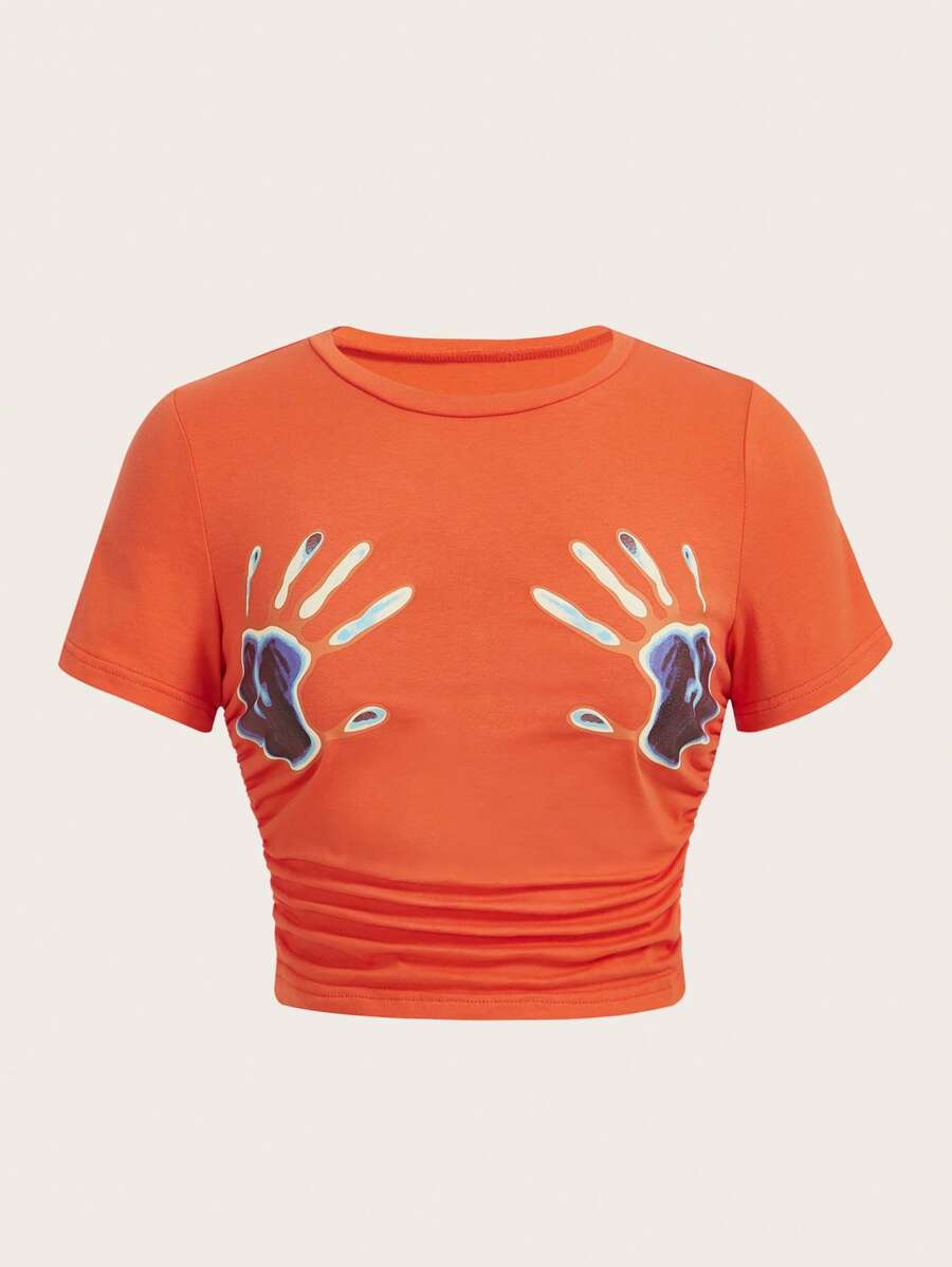SHEIN EZwear Hand Print Crop Tee - Orange - View 1