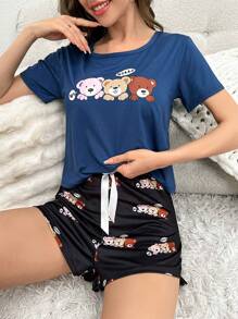 Conjunto de pijama shorts con camiseta con estampado de dibujos animados - Azul - Ver 1