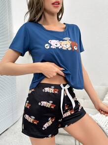 Conjunto de pijama shorts con camiseta con estampado de dibujos animados - Azul - Ver 3