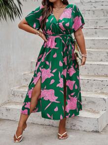 SHEIN Holidaya Plus Floral Print Butterfly Sleeve Split Thigh Belted Dress - Green - View 4