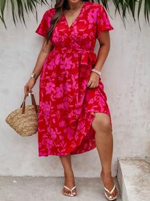 Breezaya 大碼印花蝴蝶袖繫腰帶連衣裙 - 彩色 - 查看 2