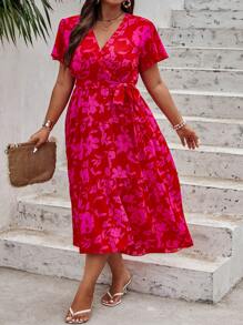 Breezaya 大碼印花蝴蝶袖繫腰帶連衣裙 - 彩色 - 查看 4