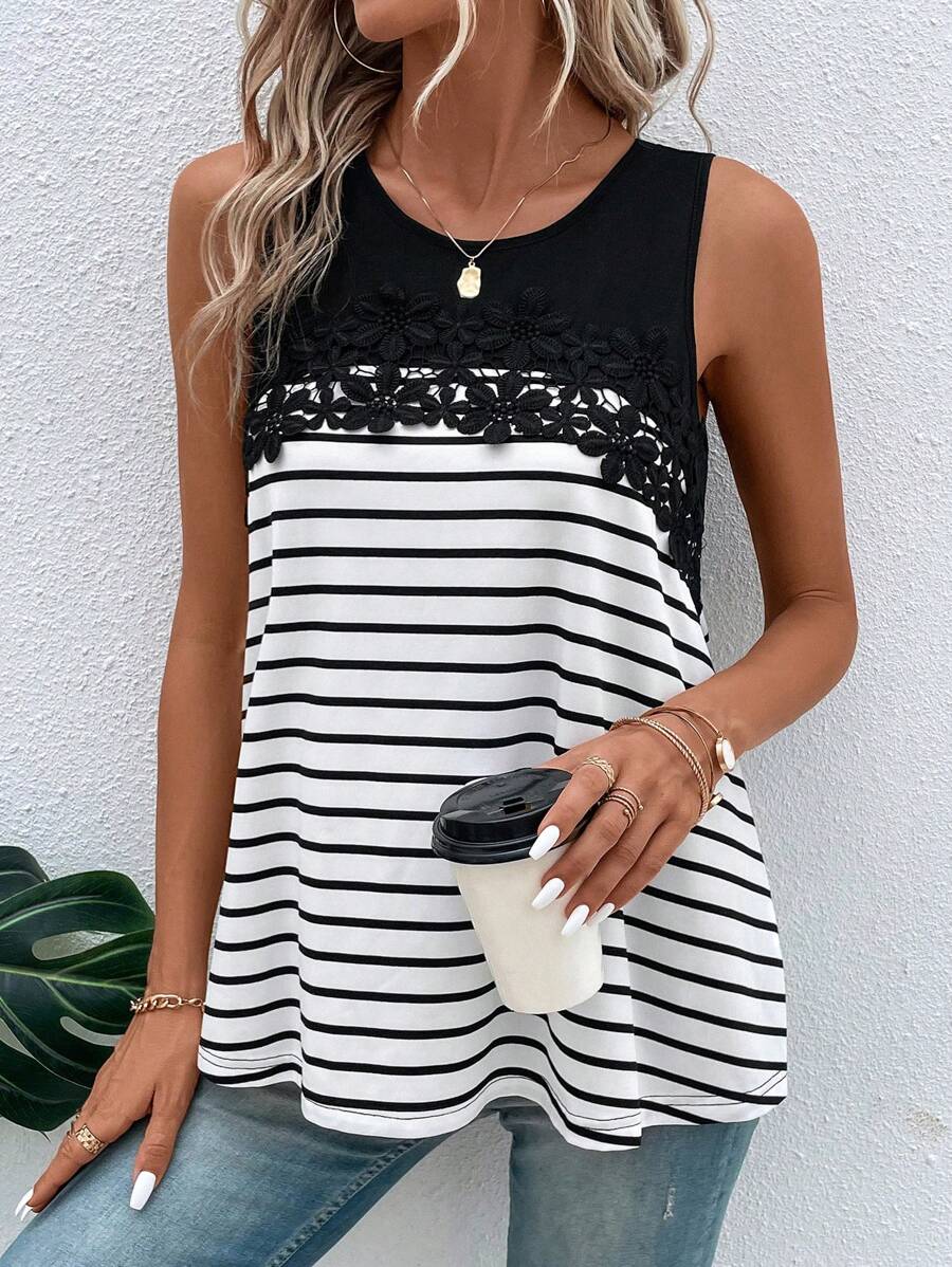 SHEIN LUNE Striped Contrast Guipure Lace Tank Top - Black and White - View 1