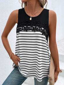 SHEIN LUNE Striped Contrast Guipure Lace Tank Top - Black and White - View 3