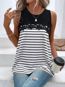 SHEIN LUNE Striped Contrast Guipure Lace Tank Top - Black and White - View 4