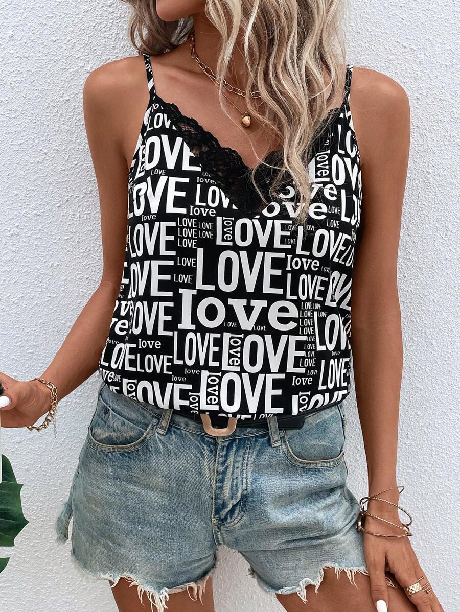 SHEIN LUNE 字母圖案蕾絲拼接吊帶上衣 - 黑與白 - 查看 1