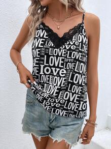 SHEIN LUNE 字母圖案蕾絲拼接吊帶上衣 - 黑與白 - 查看 3