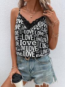 SHEIN LUNE 字母圖案蕾絲拼接吊帶上衣 - 黑與白 - 查看 4