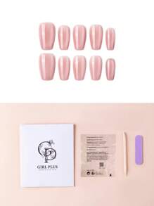 10入組短棺材金屬亮絲假指甲和1入組指甲銼和1張膠帶 - 淺粉色 - 查看 2