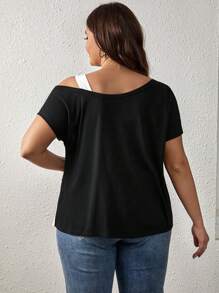 SHEIN LUNE Plus Asymmetrical Neck Batwing Sleeve 2 In 1 Tee - Black - View 2