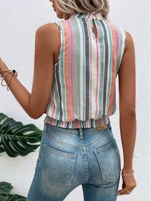 SHEIN LUNE Áo sơ mi nữ Nút Dải chun Sọc Giải trí - Nhiều màu - Xem 2