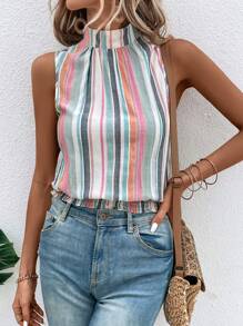 SHEIN LUNE Áo sơ mi nữ Nút Dải chun Sọc Giải trí - Nhiều màu - Xem 1