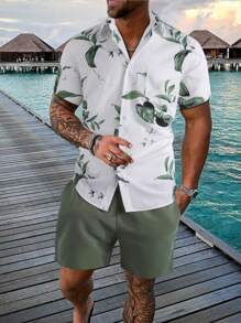Manfinity RSRT 男士植物圖案襯衫和腰部抽繩短褲不帶T恤 - 彩色 - 查看 1