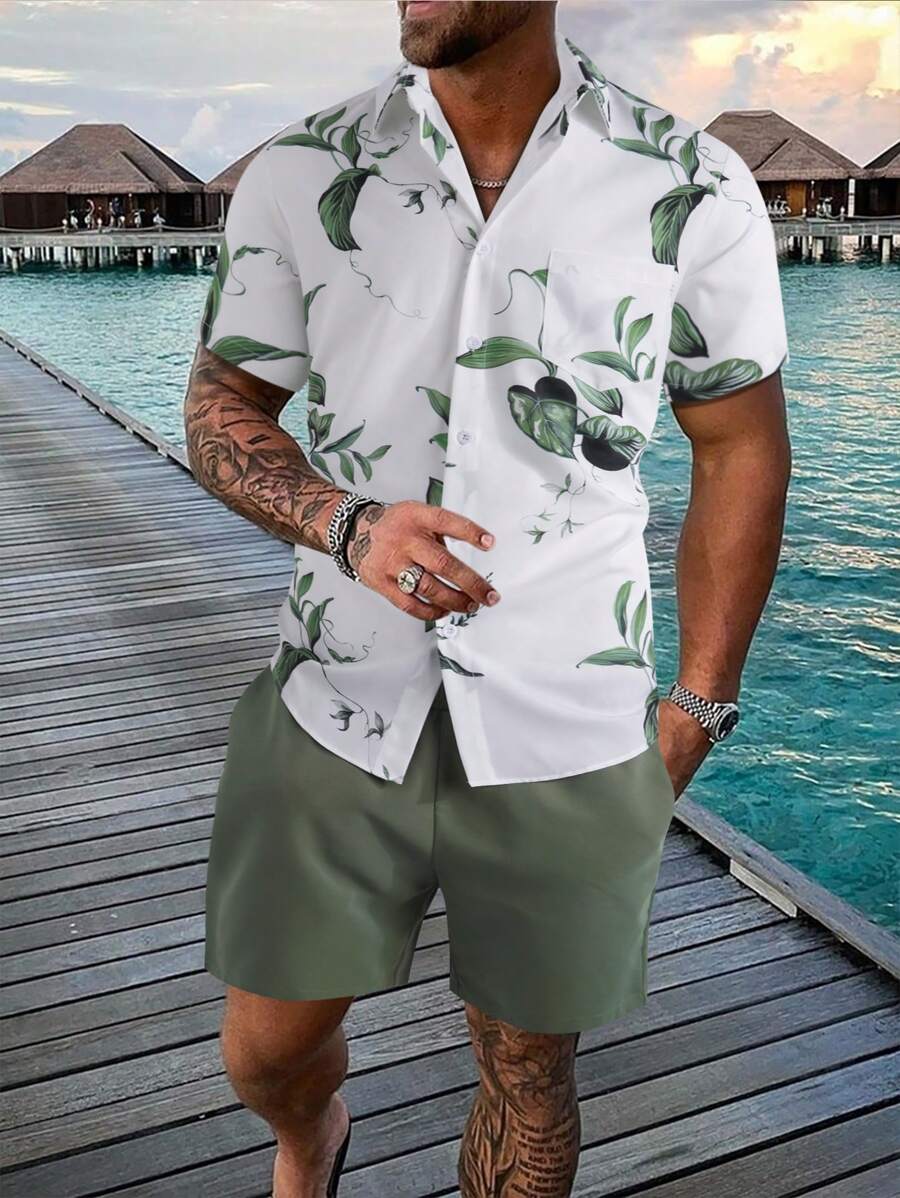 Manfinity RSRT 男士植物圖案襯衫和腰部抽繩短褲不帶T恤 - 彩色 - 查看 1