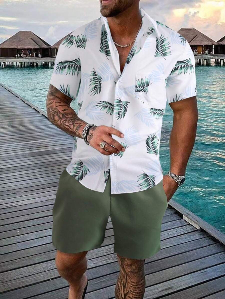 Manfinity RSRT Áo sơ mi họa tiết nhiệt đới cho nam và quần short cạp rút không có áo phông, bộ đồ đi biển - Nhiều màu - Xem 1