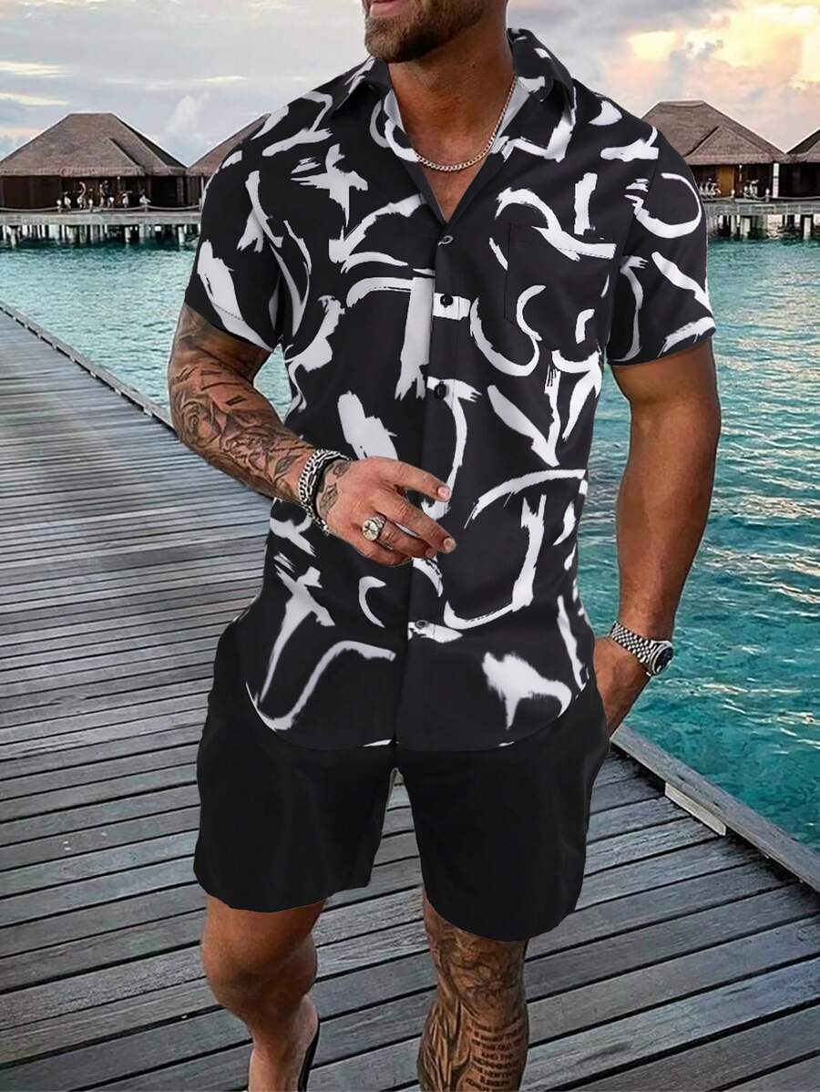Manfinity Homme 男士圖案印花襯衫和腰部抽繩短褲不帶T恤 - 黑與白 - 查看 1