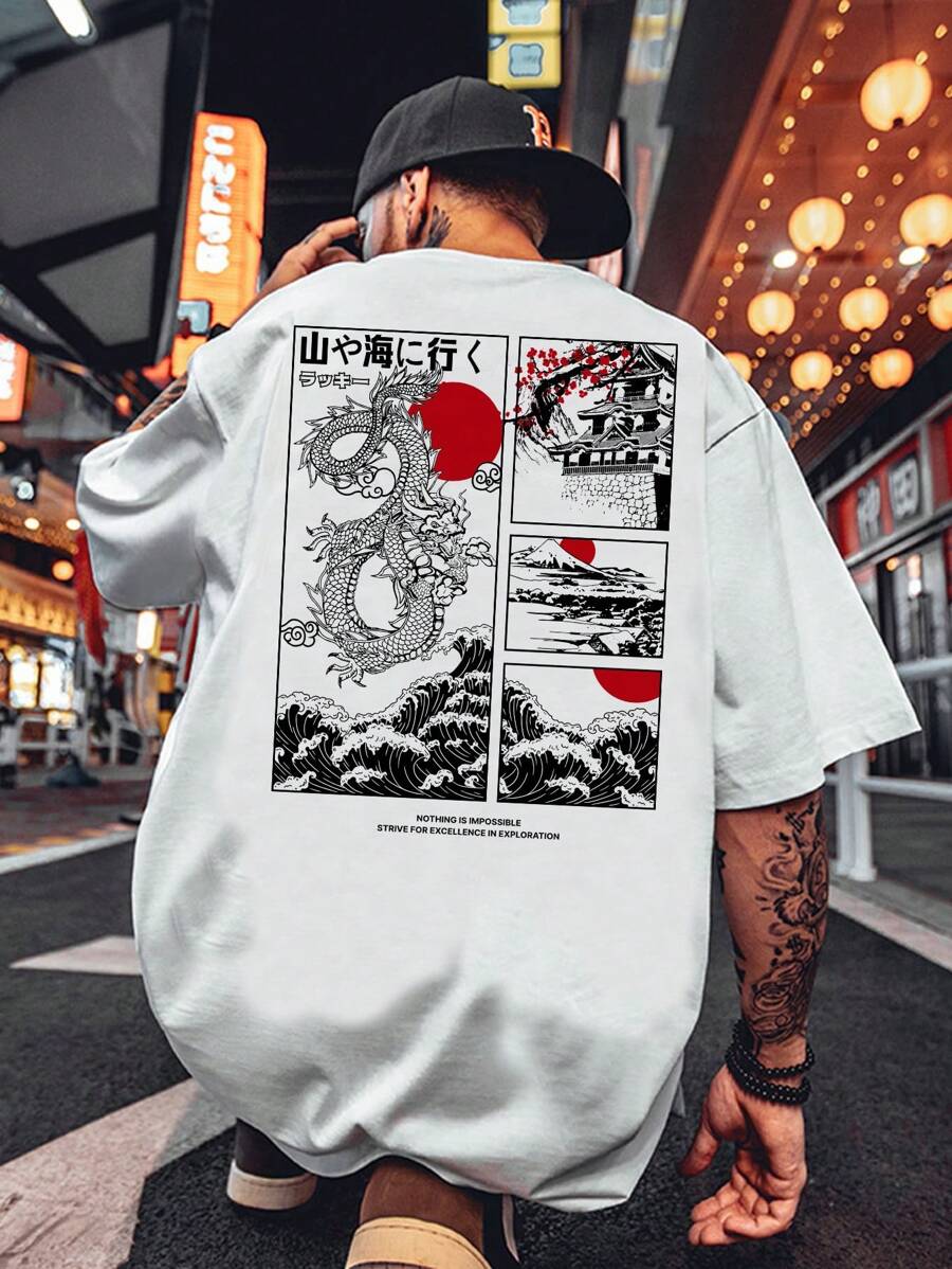 Manfinity RebelGame T-shirt estiva da uomo con grafica di lettere giapponesi e dragone