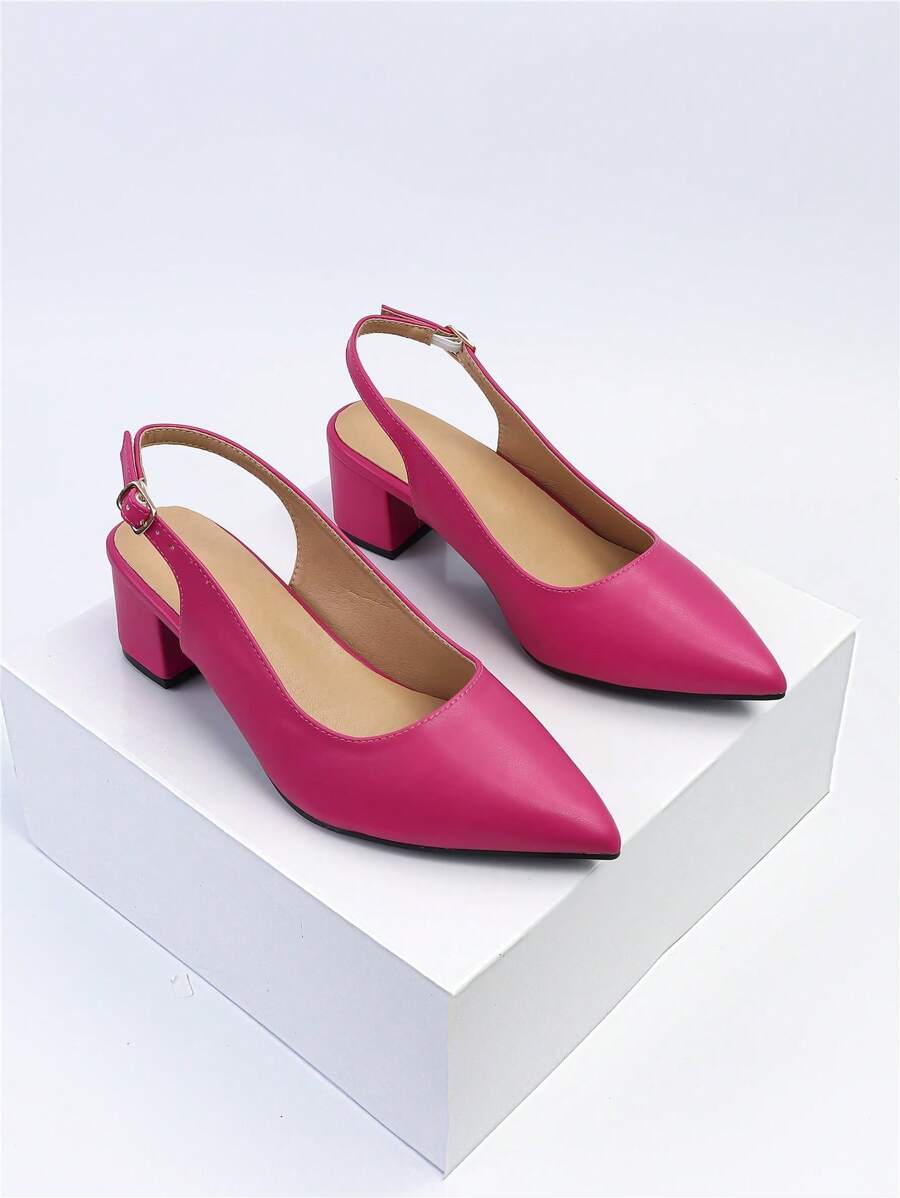 Women Wide Fit Point Toe Slingback Chunky Heeled Pumps, Fashionable Hot Pink Pumps - Hot Pink - View 1