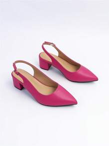 Women Wide Fit Point Toe Slingback Chunky Heeled Pumps, Fashionable Hot Pink Pumps - Hot Pink - View 5