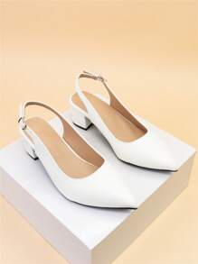 女士寬版尖頭露跟粗跟優雅白色高跟鞋 - 白色 - 查看 1
