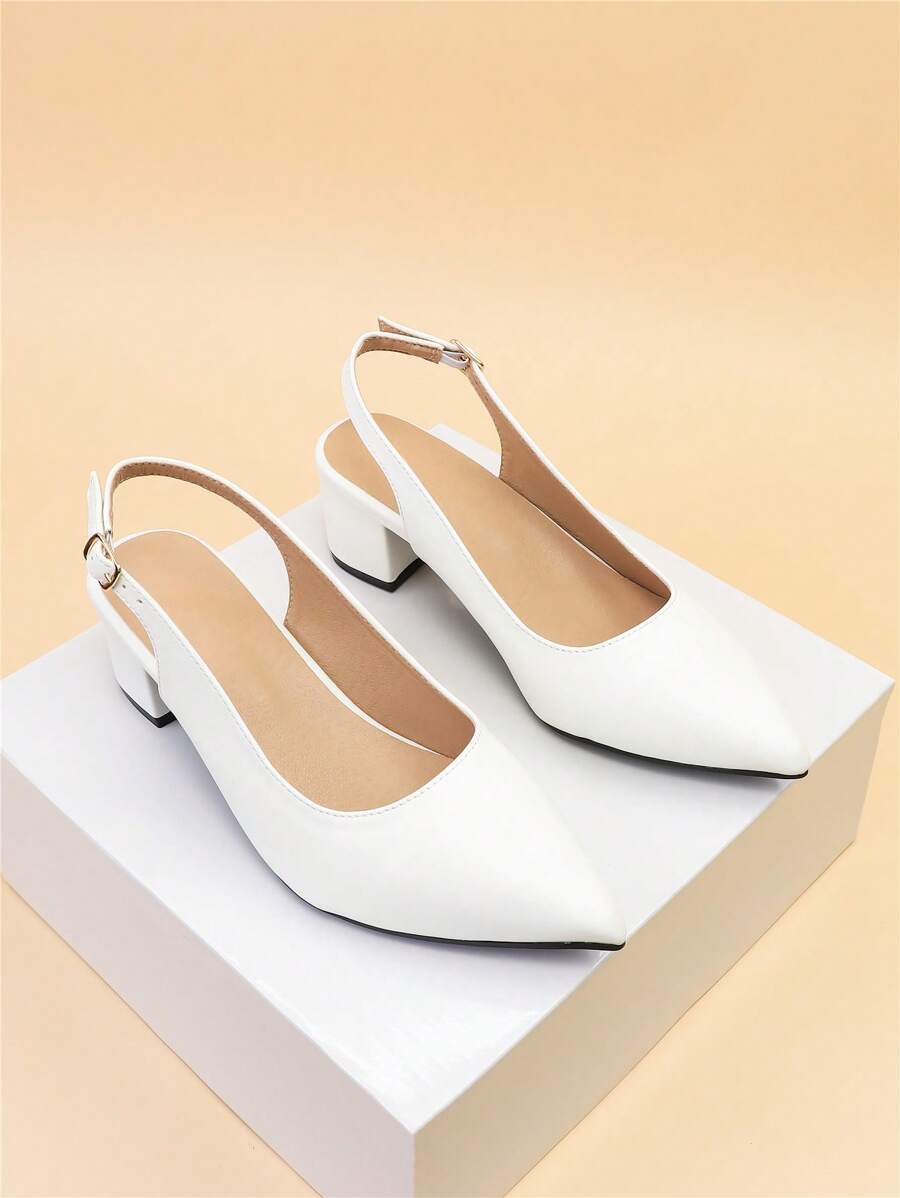 女士寬版尖頭露跟粗跟優雅白色高跟鞋 - 白色 - 查看 1