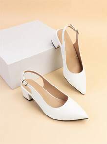 女士寬版尖頭露跟粗跟優雅白色高跟鞋 - 白色 - 查看 2