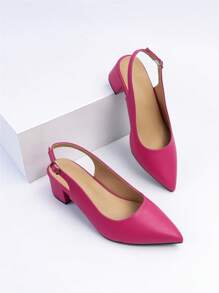 Women Wide Fit Point Toe Slingback Chunky Heeled Pumps, Fashionable Hot Pink Pumps - Hot Pink - View 7