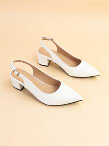 女士寬版尖頭露跟粗跟優雅白色高跟鞋 - 白色 - 查看 6