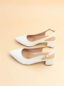 女士寬版尖頭露跟粗跟優雅白色高跟鞋 - 白色 - 查看 7