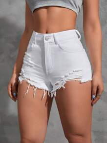 SHEIN PETITE Ripped Raw Hem Denim Shorts - White - View 3