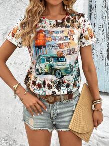 SHEIN LUNE Camiseta con gráfico de coche y eslogan - Multicolor - Ver 1