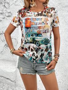 SHEIN LUNE Camiseta con gráfico de coche y eslogan - Multicolor - Ver 3