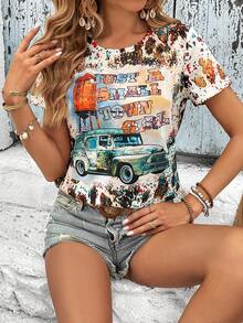 SHEIN LUNE Camiseta con gráfico de coche y eslogan - Multicolor - Ver 4