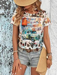 SHEIN LUNE Camiseta con gráfico de coche y eslogan - Multicolor - Ver 6