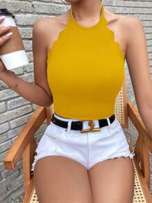 SHEIN Essnce Backless Halter Neck Scallop Trim Halter Top - Mustard Yellow - View 1