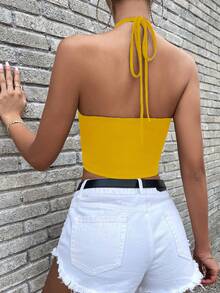 SHEIN Essnce Backless Halter Neck Scallop Trim Halter Top - Mustard Yellow - View 2