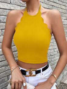 SHEIN Essnce Backless Halter Neck Scallop Trim Halter Top - Mustard Yellow - View 3
