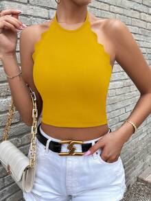 SHEIN Essnce Backless Halter Neck Scallop Trim Halter Top - Mustard Yellow - View 4